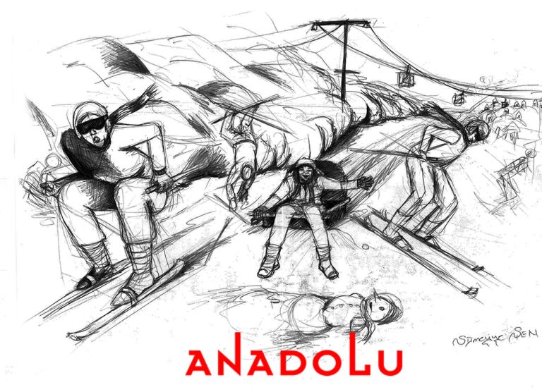 Karakalem İmgesel Kayak Yapan İnsanlar Çizimi Çukurova